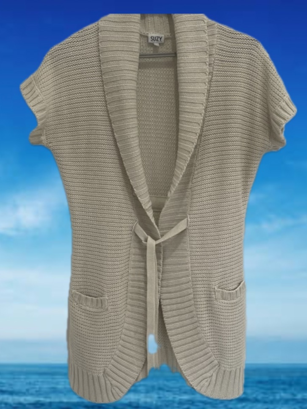 Suzy Shier Cream Open Front Belted Knit Cardigan Pockets Medium